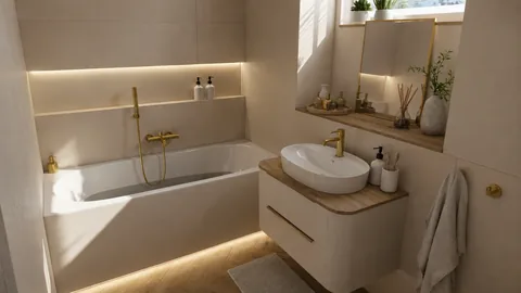 Kúpeľňa s vaňou, zlatými batériami a drevenou doskou