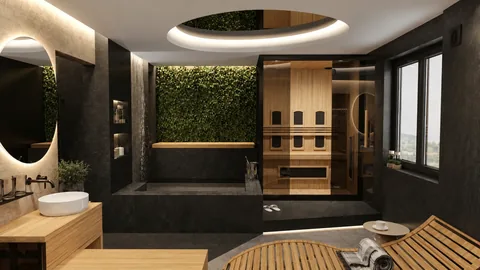 Wellness kúpeľňa s tmavým kameňom, zeleňou, vaňou a saunou